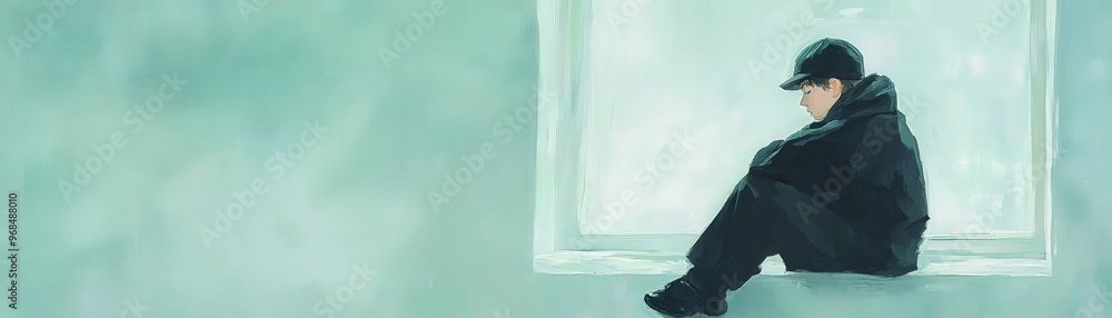 Poster a solitary figure sits pensively by a window, surrounded by a tranquil atmosphere and soft colors, e