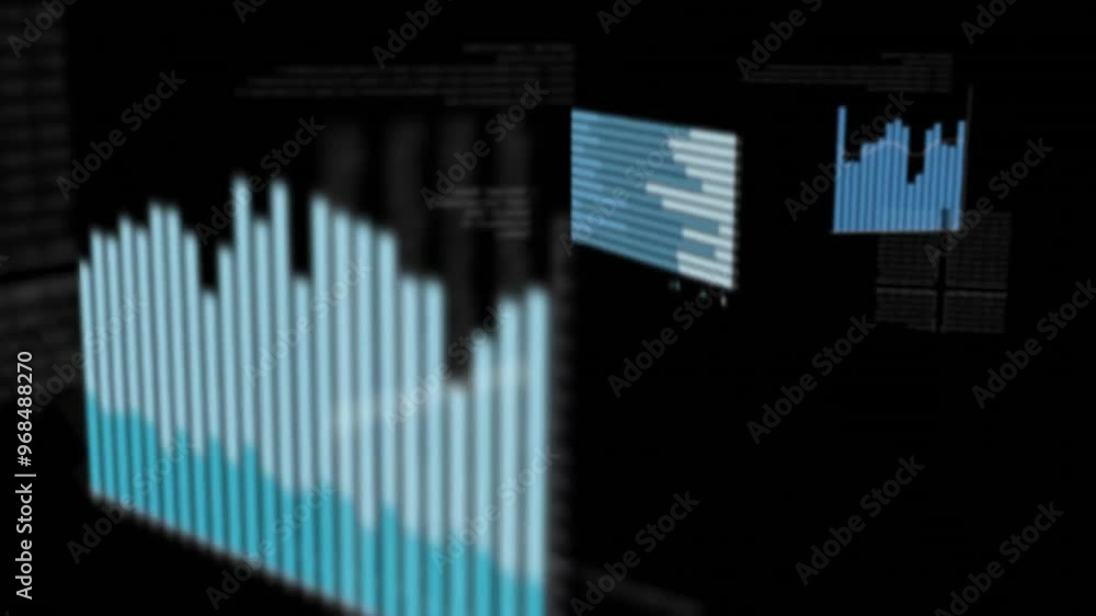 Poster animation of data processing and diagrams on black background