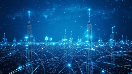 Futuristic digital city with glowing towers connected by a network of data links