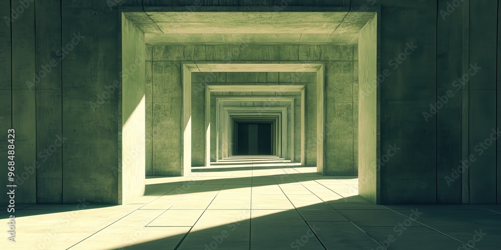 Poster a stunning view of a concrete corridor with repeating arches, casting shadows that create a sense of