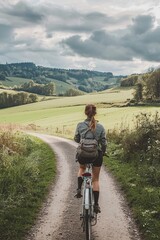 Fototapeta premium Female tour guide leading a bicycle tour through picturesque countryside. Rolling hills and open fields surround the path