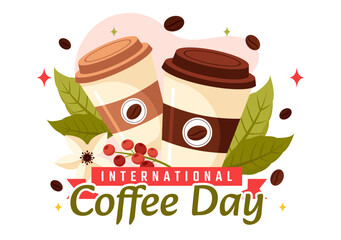International Coffee Day Vector Illustration on 1st October, Featuring Aromatic Coffee and Relaxing Drink with a Brown Background in a Cute Cartoon