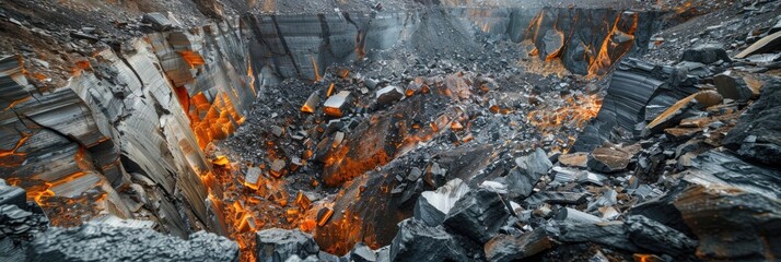 Dramatic Explosive Activities in a Quarry with Drilled Rocks Loaded with Explosives and Vivid Ignition Marks on Basalt Mine Holes Ready for Detonation