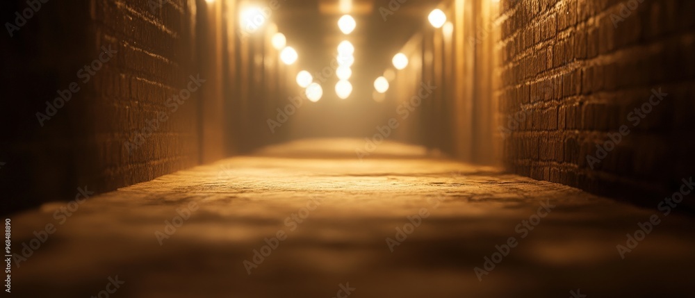 Poster a well-lit tunnel with warm lighting casting shadows on the brick walls and floor, creating an invit