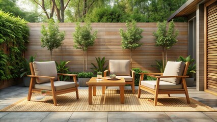 Obraz premium Outdoor patio with wooden armchairs and table, outdoor, patio, wooden, armchairs, table, furniture, relaxation, exterior