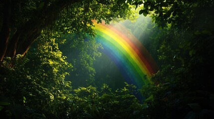 A vibrant rainbow arches through a lush green forest, surrounded by shafts of sunlight filtering through the trees.