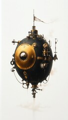 A vintage steampunk airship design with intricate gears, brass accents, and a distinctive shape, perfect for fantasy illustrations.