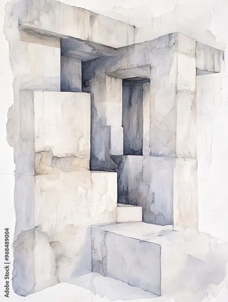 Poster abstract architectural structure in soft watercolor tones, showcasing depth and dimension with geome