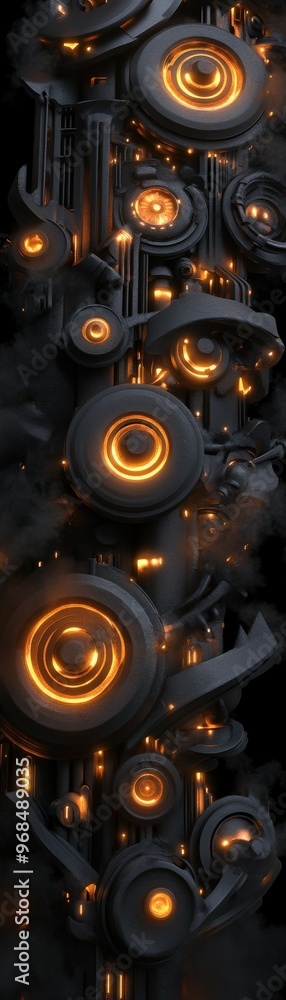 Poster abstract composition of glowing circular elements against a dark background, showcasing futuristic d