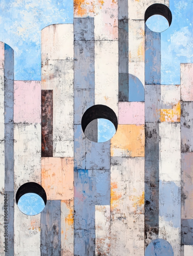 Poster abstract composition with geometric shapes and colors, showcasing a blend of soft tones and bold con