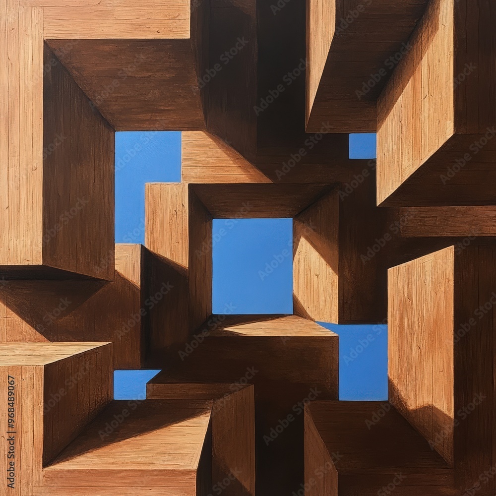 Poster abstract geometric art featuring wooden blocks against a blue sky, creating a mesmerizing visual dep