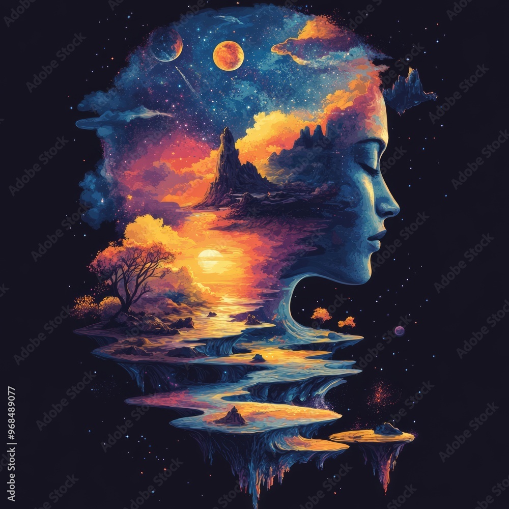 Canvas Prints Surreal portrait blending nature and cosmic elements.