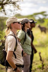 Female tour guide with a small group on a wildlife safari. They are observing animals in their natural habitat