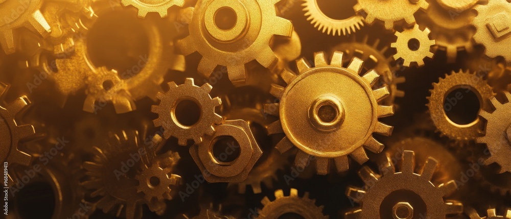 Poster close-up of intricate golden gears, symbolizing precision, machinery, and engineering in a dynamic a