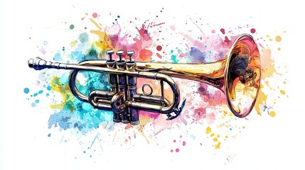 A vibrant watercolor illustration of a trumpet against a colorful splash background, showcasing musical artistry and creativity.