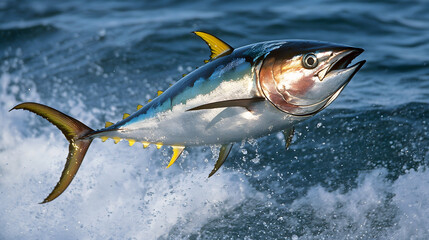 Obraz premium tuna fish suspended in mid-air after jumping out of the water