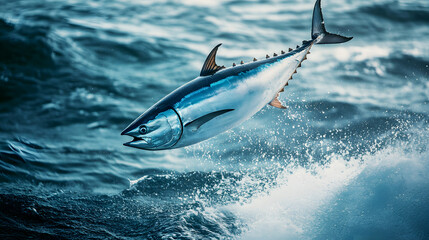 Fototapeta premium tuna fish suspended in mid-air after jumping out of the water