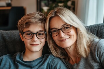 Portrait of smiling senior woman and her son sitting on sofa at home