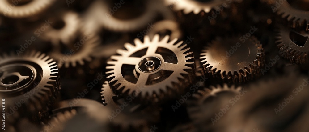 Poster intricate bronze gears showcasing precision in engineering and design, perfect for steampunk and mec