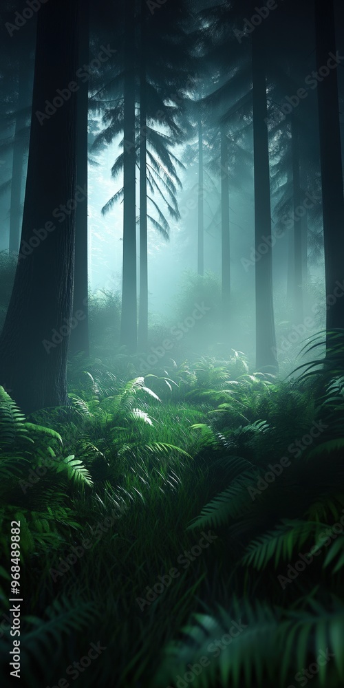 Poster mysterious forest landscape with lush ferns and towering trees, enhanced by ethereal fog, creating a