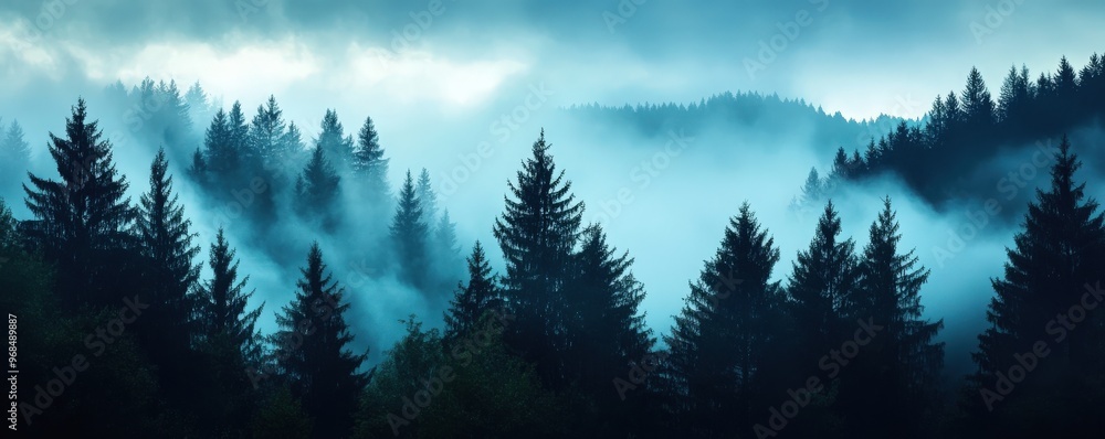 Poster mysterious mist envelops a serene forest, creating an enchanting and tranquil atmosphere among the t