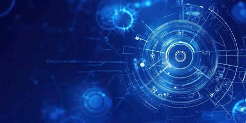 Obraz premium Futuristic technology interface with glowing blue elements and intricate patterns, representing digital innovation and data visualization.
