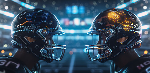 Wide poster of head-to-head American football helmets challenge match advertisement banner with statistics HUD information overlays and copy space.