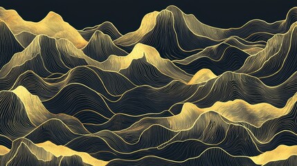 Elegant abstract mountain landscape in gold and black. Perfect for modern decor or as a backdrop in creative projects.