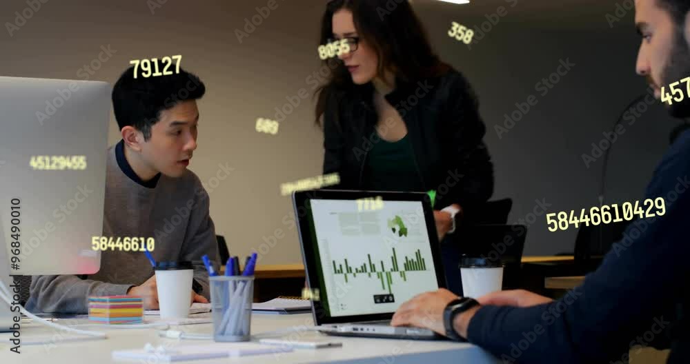 Poster animation of data processing over diverse collleagues working in office