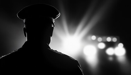 Silhouette of a police officer with light in the background, represent authority and law enforcement in a dramatic scene.