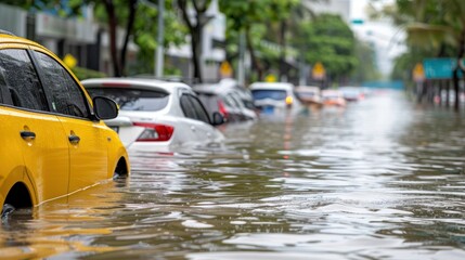 Several cars partially submerged in water on a flooded urban street, with buildings and trees in the background.