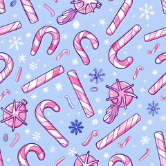 New Year's and Christmas festival seamless pattern in a 2D doodle illustrator style on pastel color backgrounds for graphic advertising.