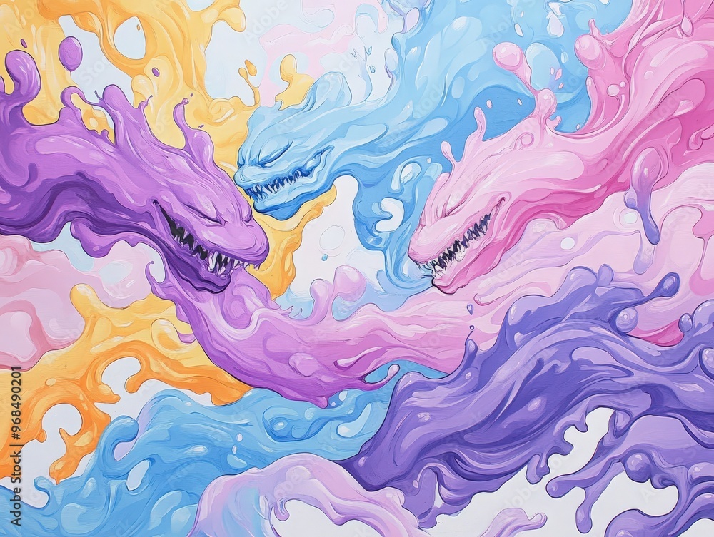 Poster vibrant abstract art featuring colorful fluid shapes and mythical creatures in dynamic motion, creat