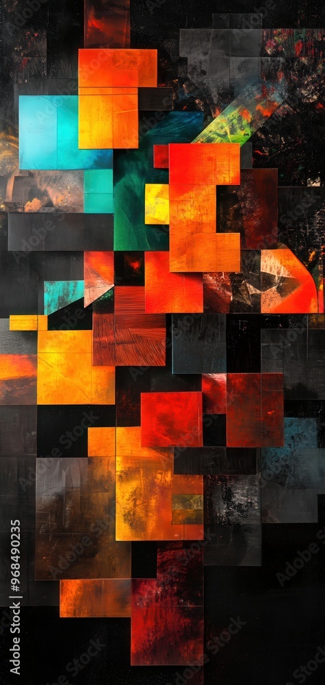 Poster vibrant abstract art with a dynamic arrangement of colorful geometric shapes and contrasting tones.