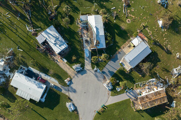 Consequences of natural disaster in southern Florida after hurricane season. Severely damaged...