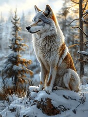 Obraz premium A majestic wolf sits on a snow-covered rock in a forest, with the sun shining through the trees.