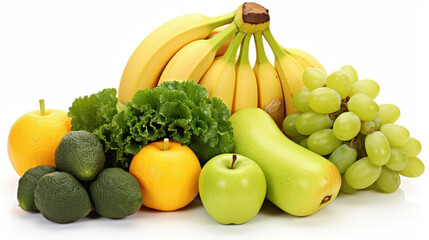 Vibrant image showcasing fresh fruits and vegetables like bananas, apples, and broccoli on a clean white background.