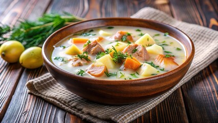 Bowl of traditional Finnish lohikeitto soup with potatoes and salmon on table, Finnish cuisine, food, Nordic, traditional