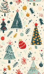 New Year's and Christmas festival seamless pattern in a 2D doodle illustrator style on pastel color backgrounds for graphic advertising.