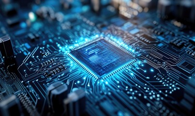 Futuristic Blue Background with Neon Circuit Boards and Abstract Data Flows