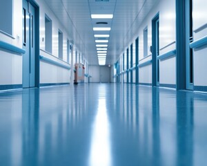 Obraz premium A clean, modern hospital corridor with smooth blue floors and bright lights, perfect for healthcare and medical imagery.