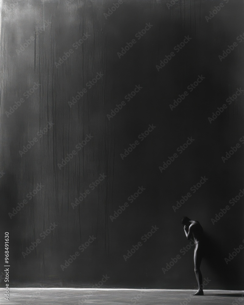 Poster a figure stands in minimal light against a dark backdrop, evoking emotions of solitude and introspec