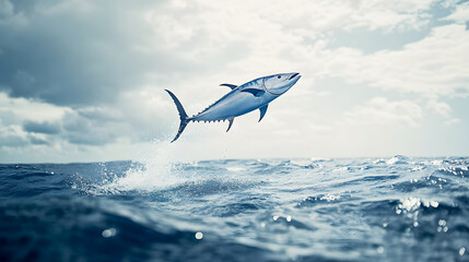 Fototapeta premium tuna fish launching out of the water, its sleek body arched in a perfect jump, framed by the blue ocean and sky