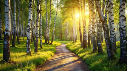 July, sunlit, sun, tranquil, explore, winding, birch grove, beauty, A sunlit pathway winds through the lush birch grove in the peak of summer inviting you to explore its tranquil beauty