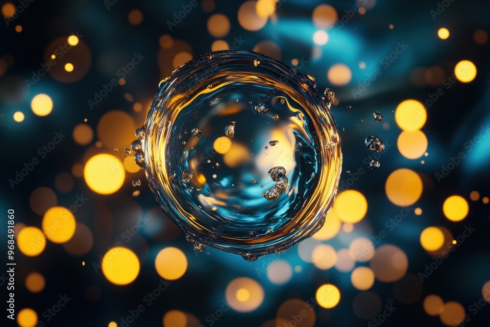 Poster a mesmerizing water droplet surrounded by vibrant bokeh lights, creating a stunning abstract visual 