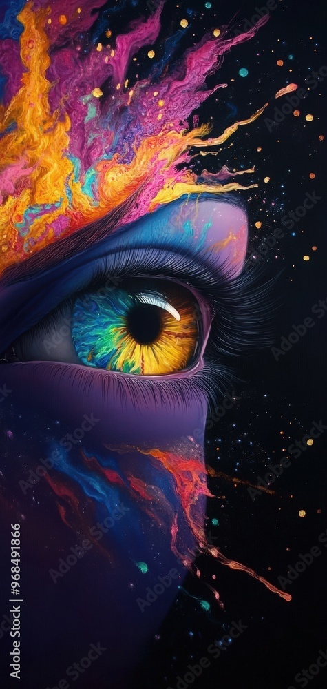 Poster a mesmerizing close-up of an eye with vivid colors and abstract patterns, illustrating creativity an
