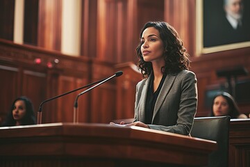 Female legal consultant providing expert testimony in a courtroom. She is dressed professionally, and the courtroom
