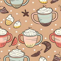 New Year's and Christmas festival seamless pattern in a 2D doodle illustrator style on pastel color backgrounds for graphic advertising.