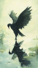 Fototapeta premium A mystical crow spreads its wings, reflecting gracefully in tranquil waters surrounded by soft, dreamy colors.