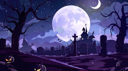 A spooky Halloween cartoon background with a prominent moon. The moon is shining brightly in the night sky, casting an eerie glow